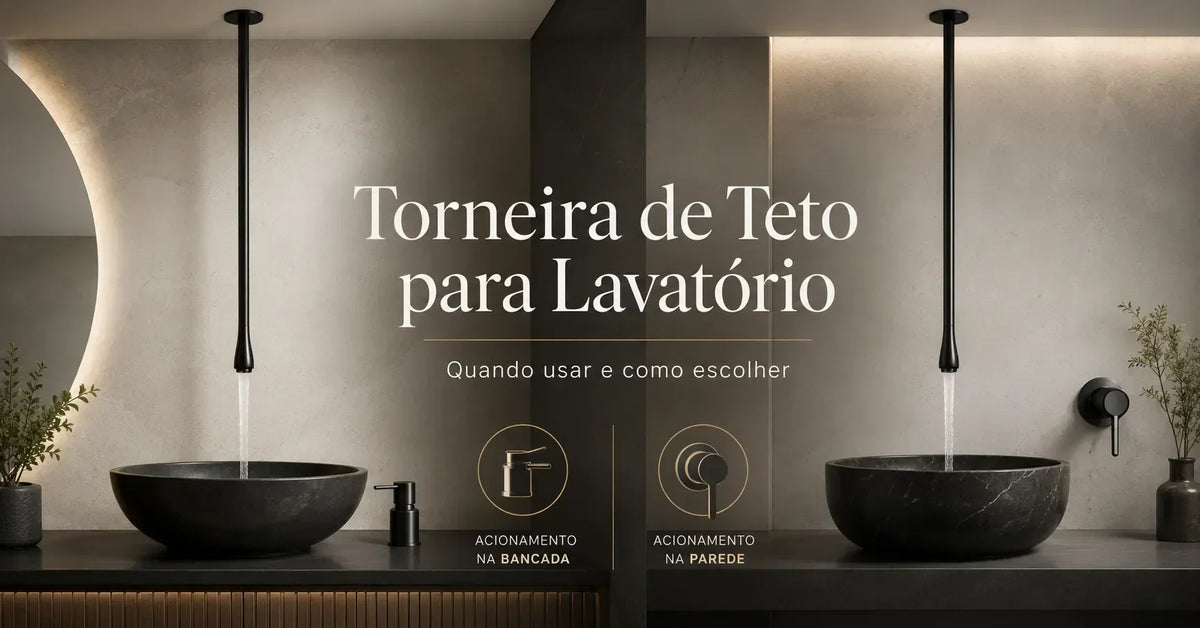 Torneiras de teto pretas minimalistas sobre cubas de apoio em banheiro de luxo.