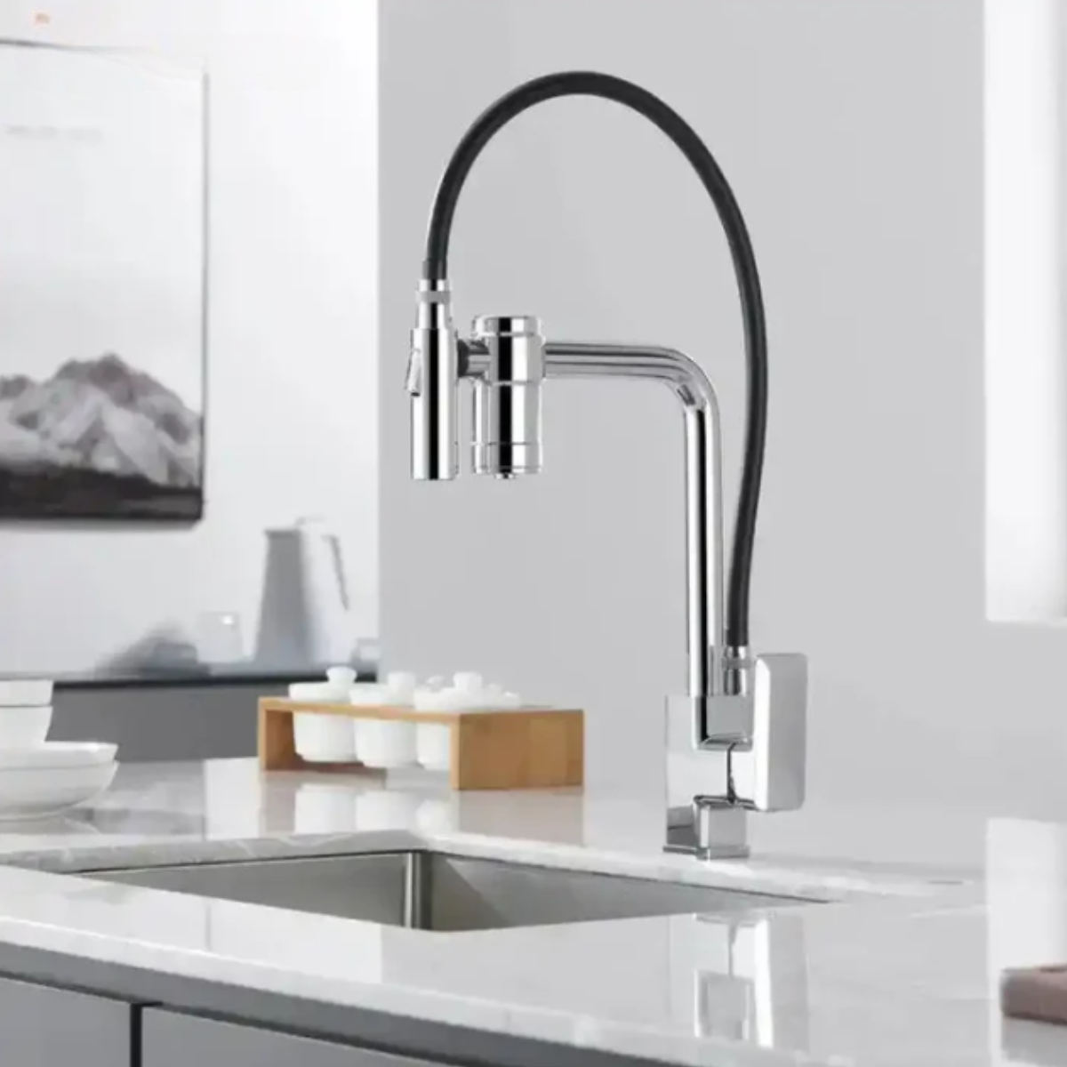 Torneira Gourmet Com Filtro Monocomando Bancada Platinum Homedeccori em cromado sobre bancada branca