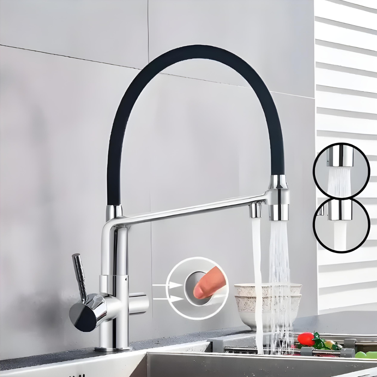 Torneira Gourmet Monocomando Extensível Azzurra com saída dual em inox e silicone preto.