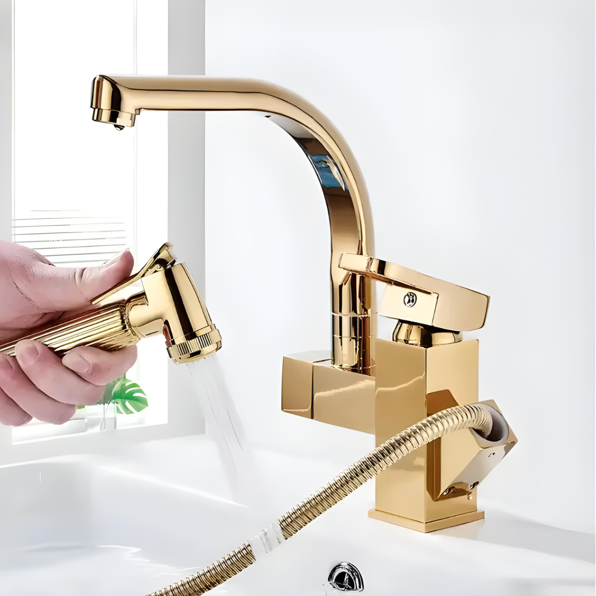 Torneira Gourmet Cozinha Monocomando Extensível Primee dourada com ducha manual em uso.