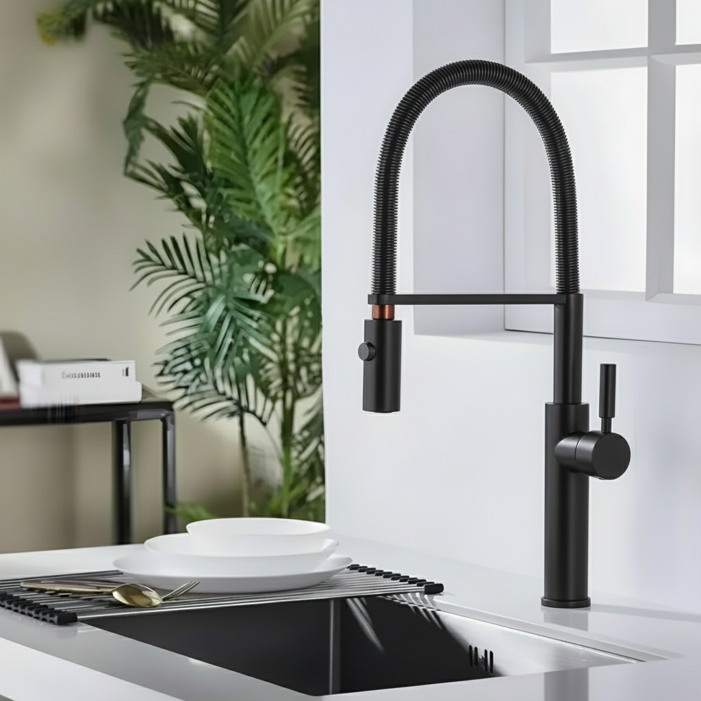 Torneira Gourmet Monocomando Dual Spray Misturador Colin preta em pia de cozinha moderna