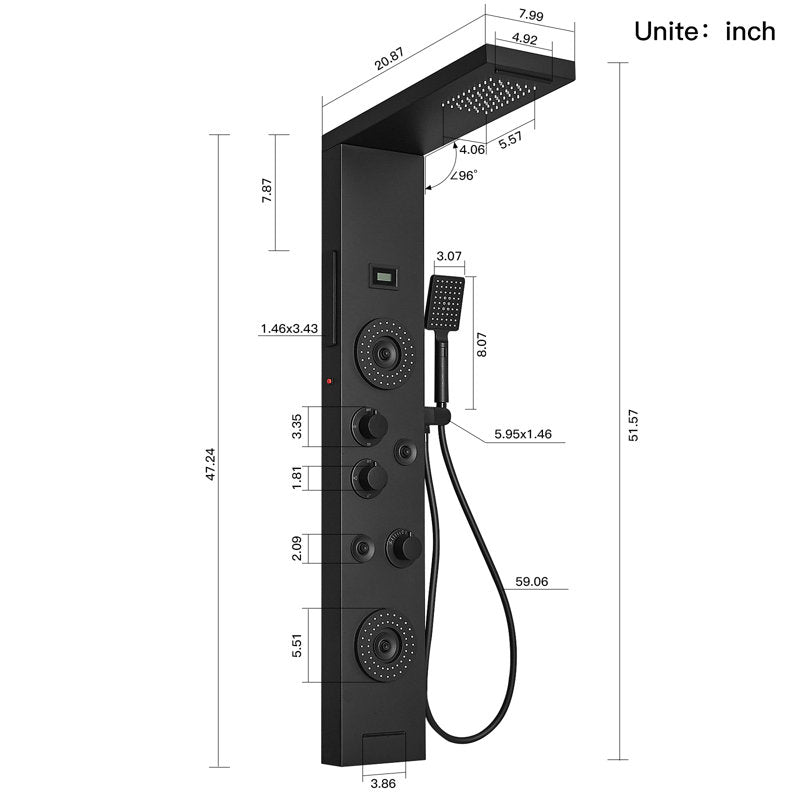 51.57" Shower Panel shower system with Adjustable Shower Head, Matte Black