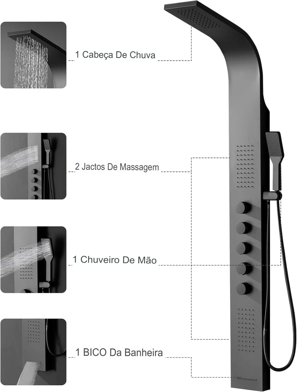 Ducha Vertical Inox Com Hidro Spa 4 Funções Black Sea
