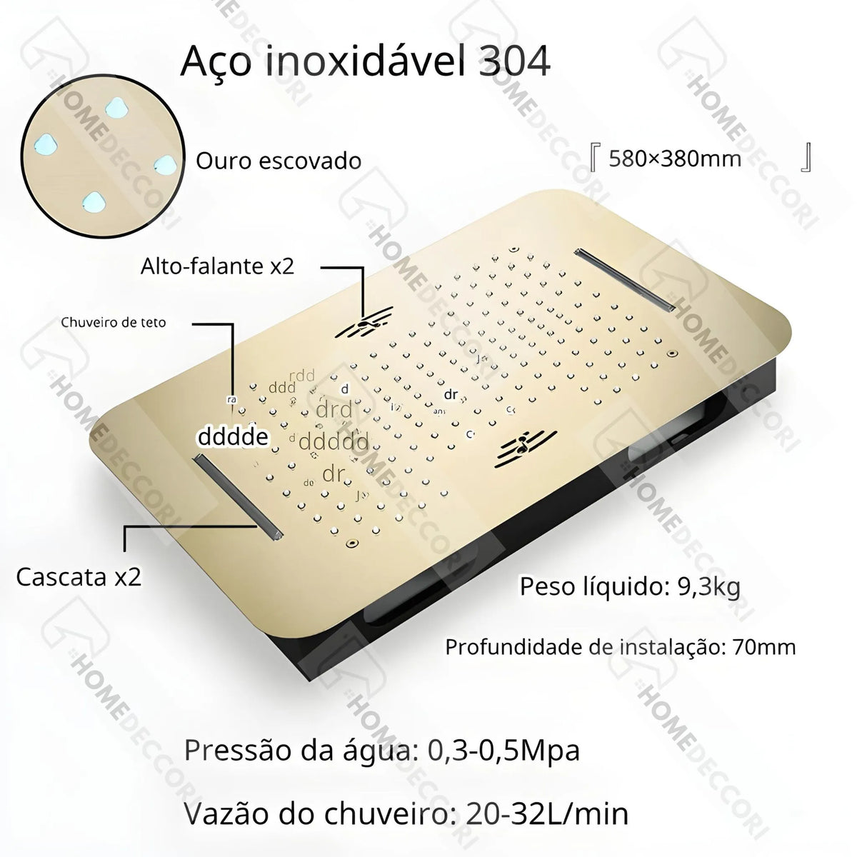 Ducha De Teto Embutir Inox 58x38 LED Bluetooth Spa Imperiale - Homedeccori