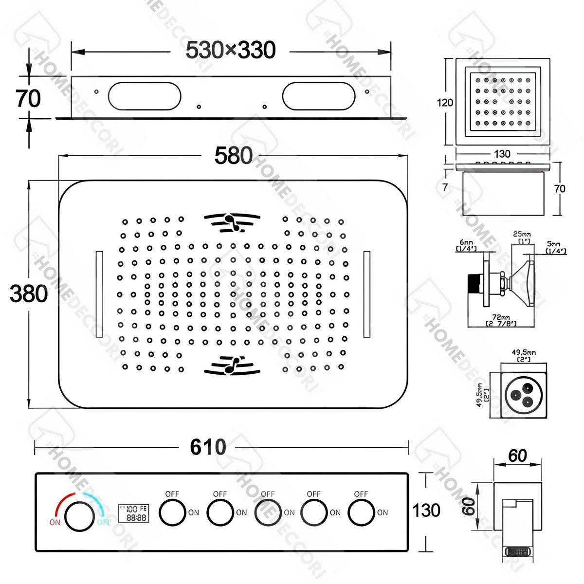 Ducha De Teto Embutir Inox 58x38 LED Bluetooth Spa Imperiale - Homedeccori