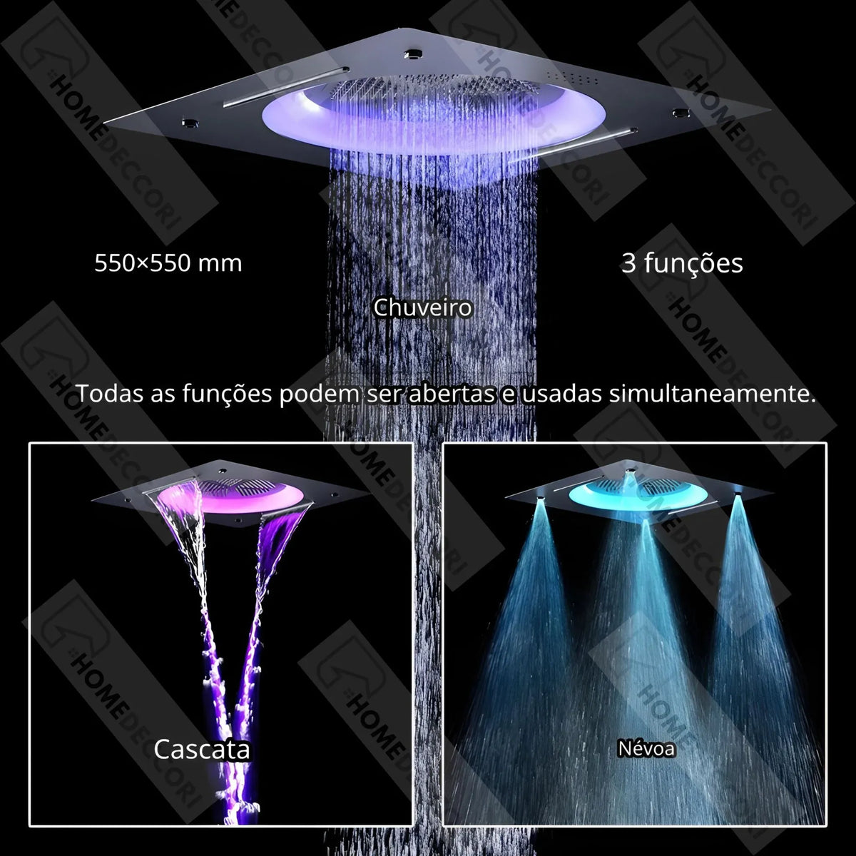 Ducha De Teto Embutir Inox 55x55 LED Bluetooth Spa Aurore - Homedeccori
