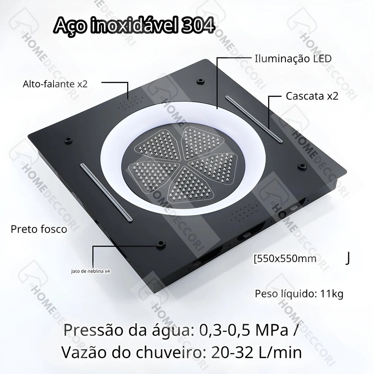 Ducha De Teto Embutir Inox 55x55 LED Bluetooth Spa Aurore - Homedeccori