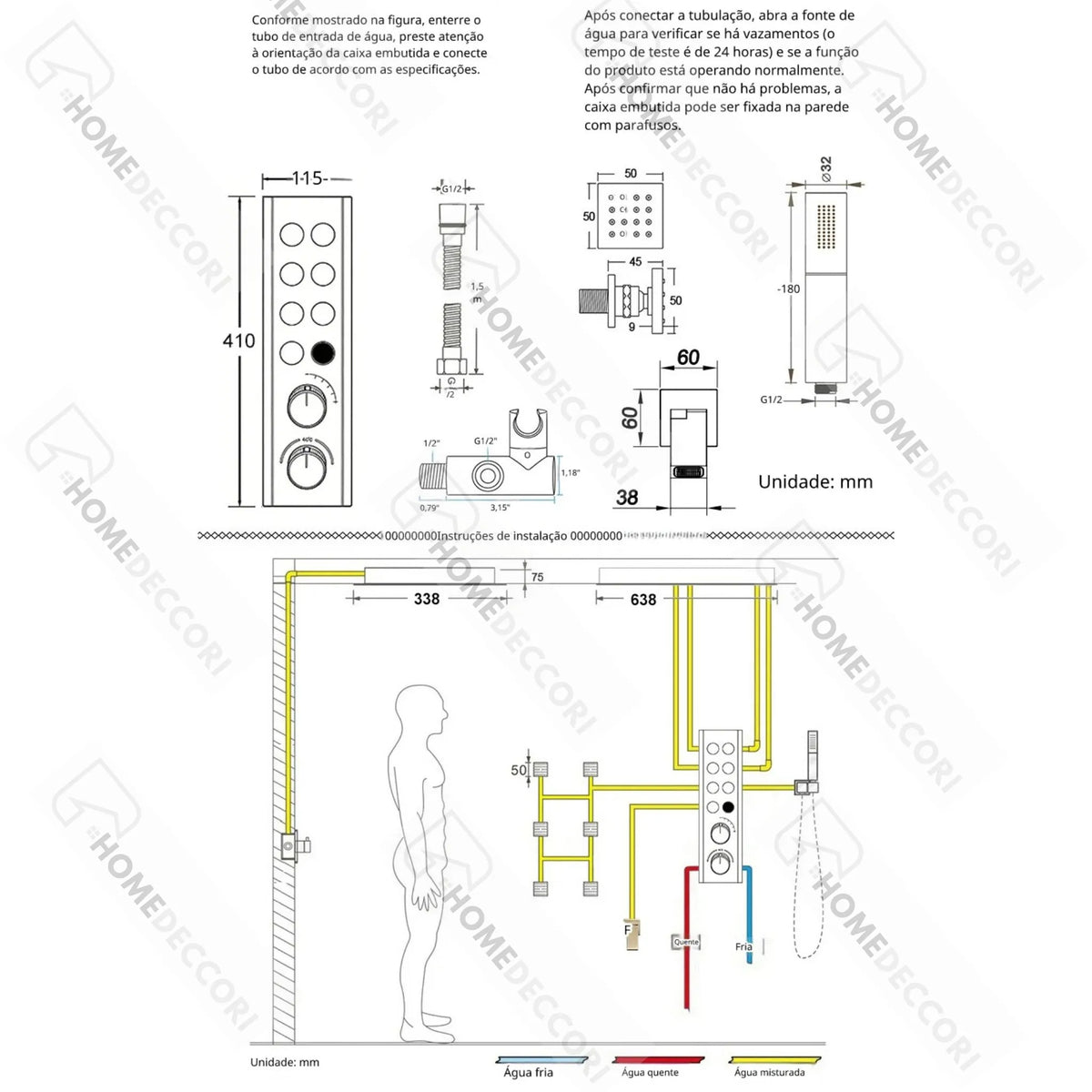 Ducha De Teto Embutir Inox 63x33 LED Bluetooth Spa Lumière - Homedeccori