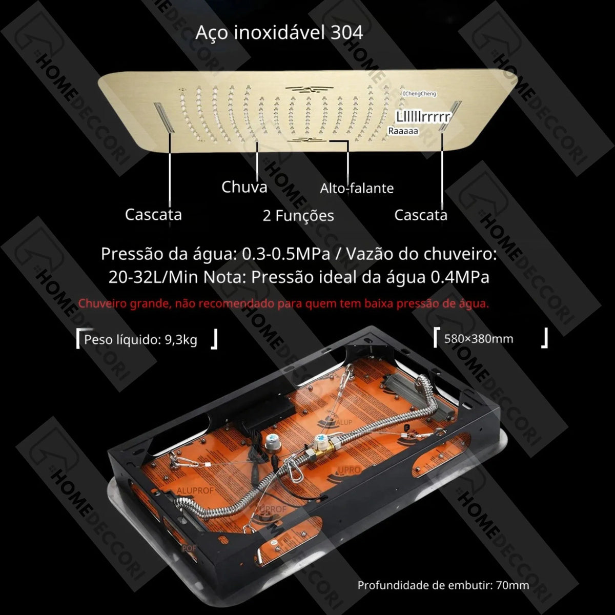 Ducha De Teto Embutir Inox 58x38 LED Bluetooth Spa Rivoli - Homedeccori