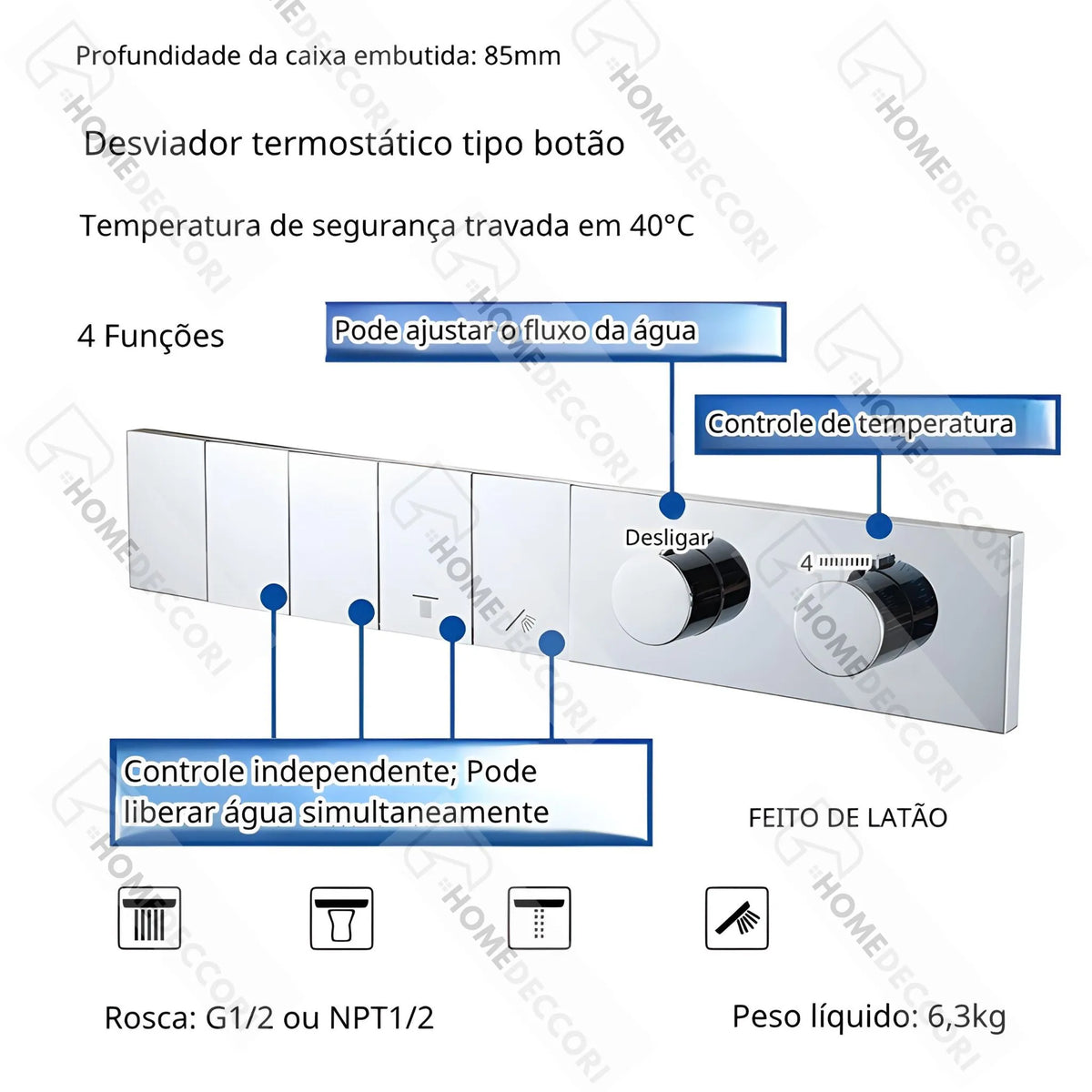 Ducha De Teto Embutir Inox 50x50 LED Bluetooth Cascata Soleil - Homedeccori
