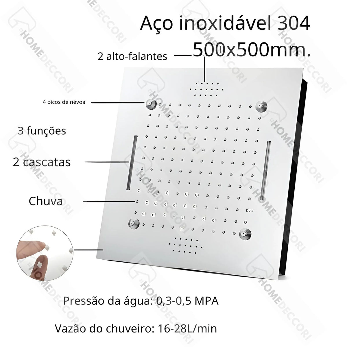 Ducha De Teto Embutir Inox 50x50 LED Bluetooth Cascata Soleil - Homedeccori
