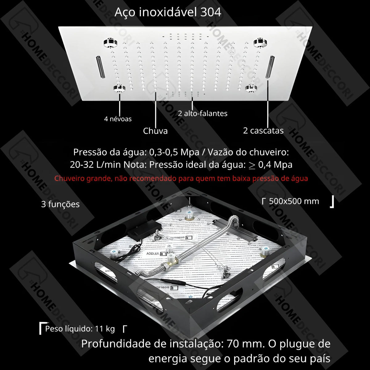 Ducha De Teto Embutir Inox 50x50 LED Bluetooth Cascata Soleil - Homedeccori