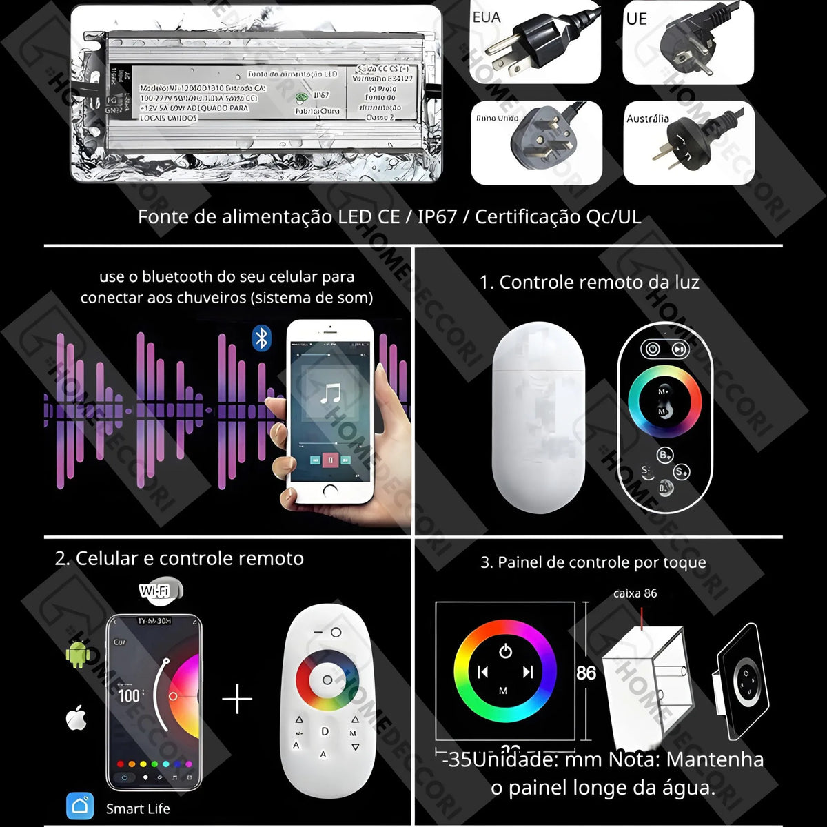 Ducha De Teto Embutir Inox 50x50 LED Bluetooth Cascata Soleil - Homedeccori