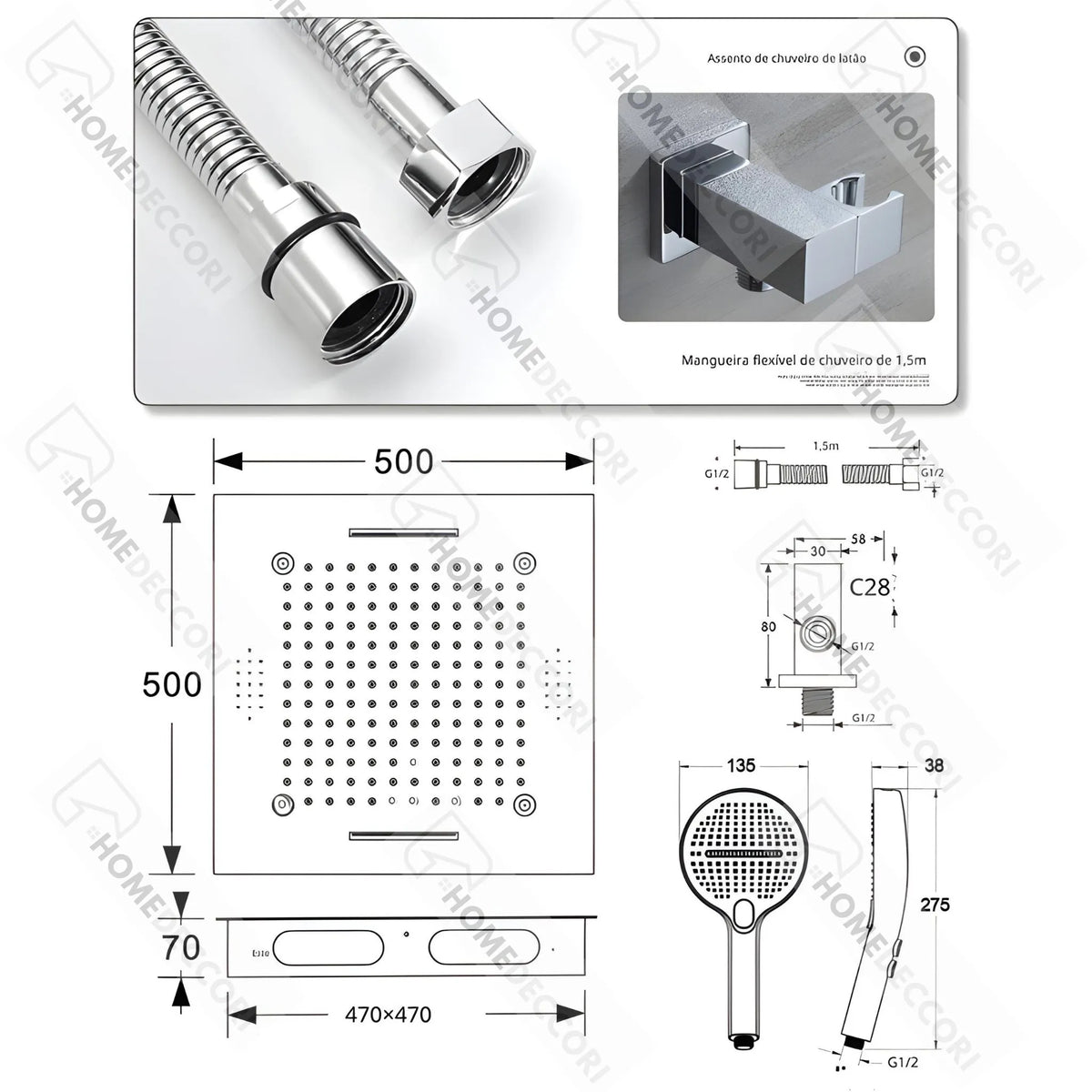 Ducha De Teto Embutir Inox 50x50 LED Bluetooth Cascata Soleil - Homedeccori