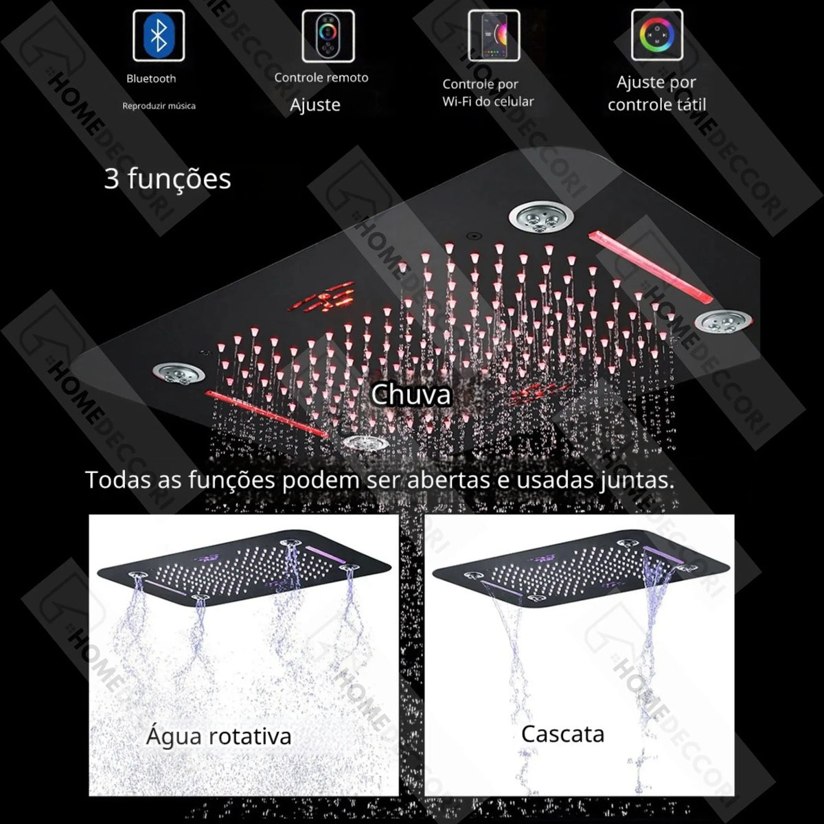 Ducha De Teto Embutir Inox 58x38 LED Bluetooth Spa Vortex