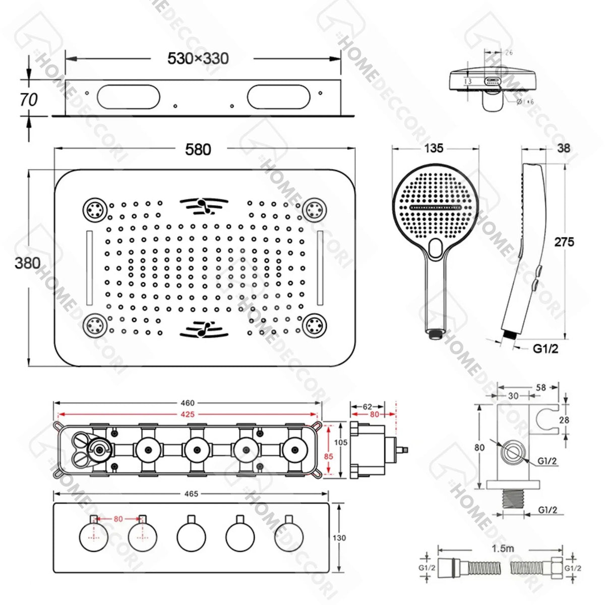 Ducha De Teto Embutir Inox 58x38 LED Bluetooth Spa Vortex