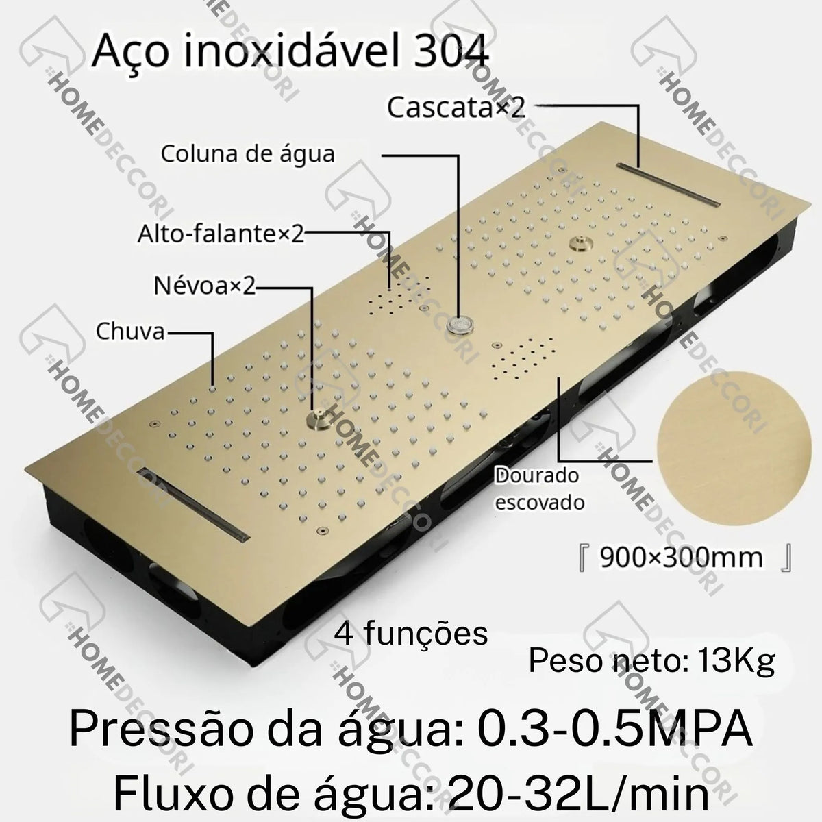 Ducha De Teto Embutir Inox 90x30 LED Bluetooth 6 Jatos Altezza - Homedeccori