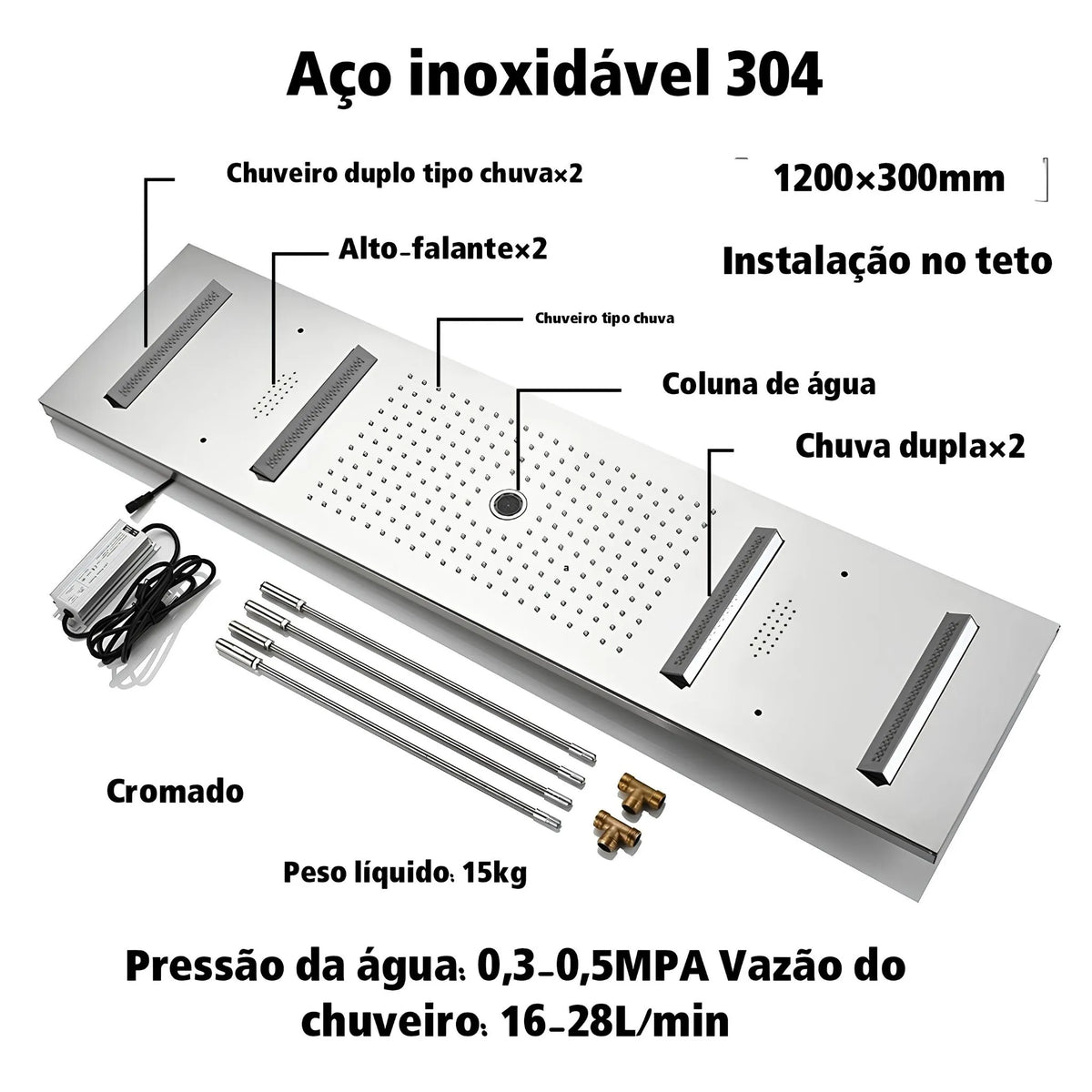 Ducha De Teto Embutir Spa Inox 120x30 LED Bluetooth Sonora - Homedeccori