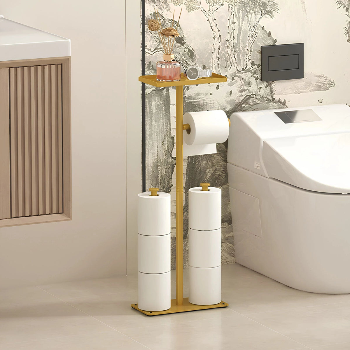 Suporte de Papel Higiênico de Chão Inox Dourado Com Bandeja Cortina