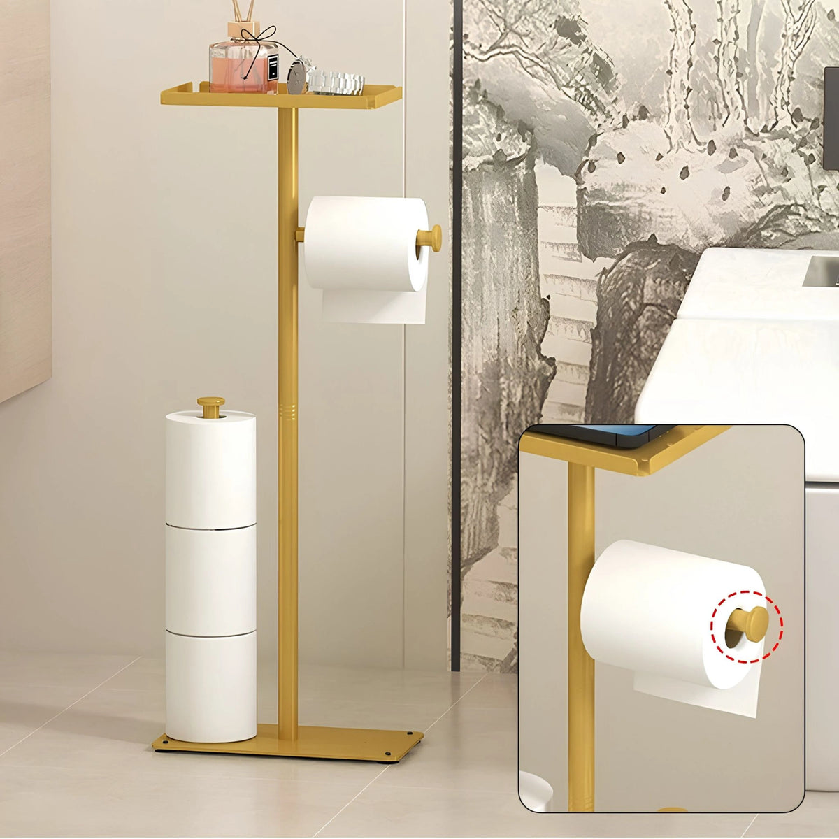 Suporte de Papel Higiênico de Chão Inox Dourado Com Bandeja Cortina