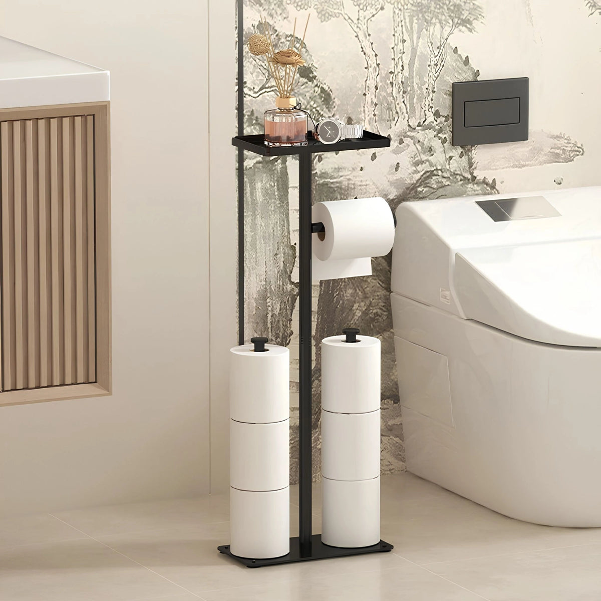 Suporte de Papel Higiênico de Chão Inox Dourado Com Bandeja Cortina