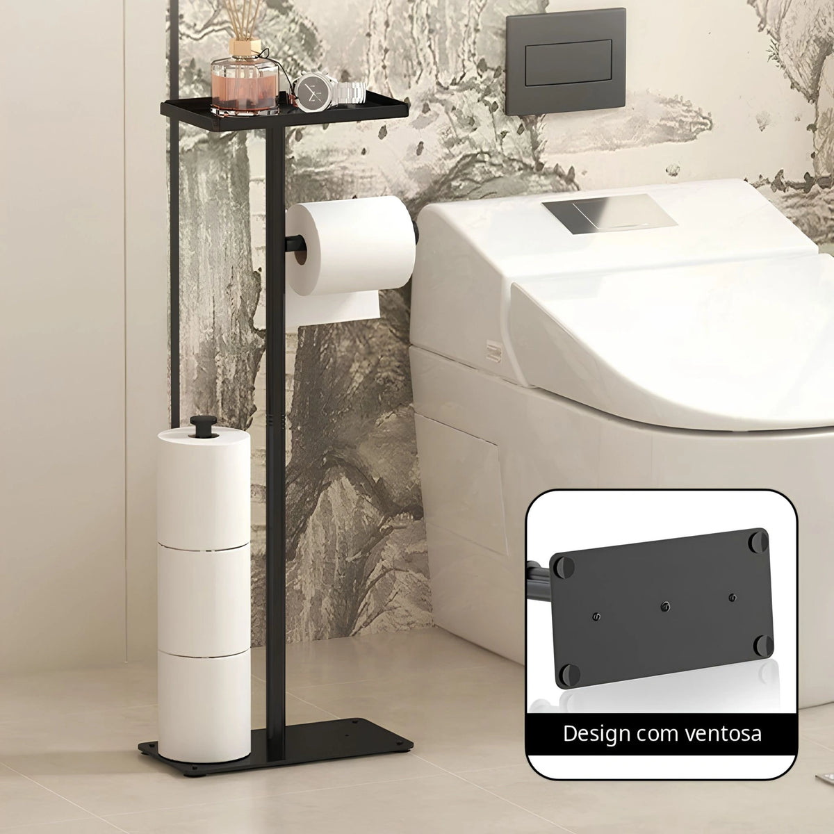 Suporte de Papel Higiênico de Chão Inox Dourado Com Bandeja Cortina