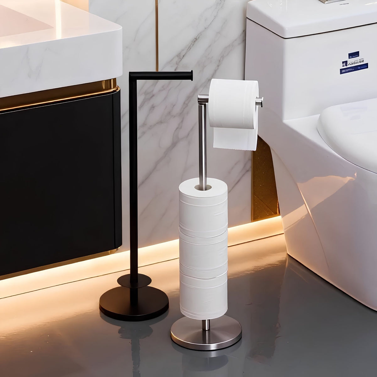 Suporte de Papel Higiênico de Chão Inox Minimalista Com Reserva Lucca