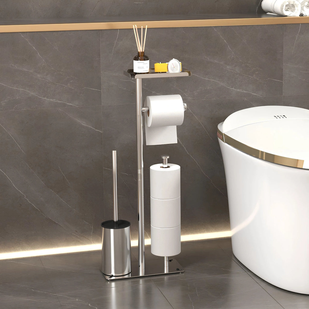 Suporte de Papel Higiênico de Chão Inox Luxuoso Com Escova Sanitária Cascais