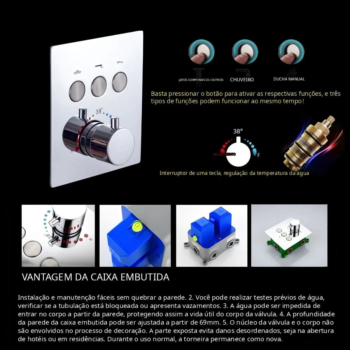 Ducha de Parede Spa Inox 28x18 LED Termostática Conjunto Completo Ascoli