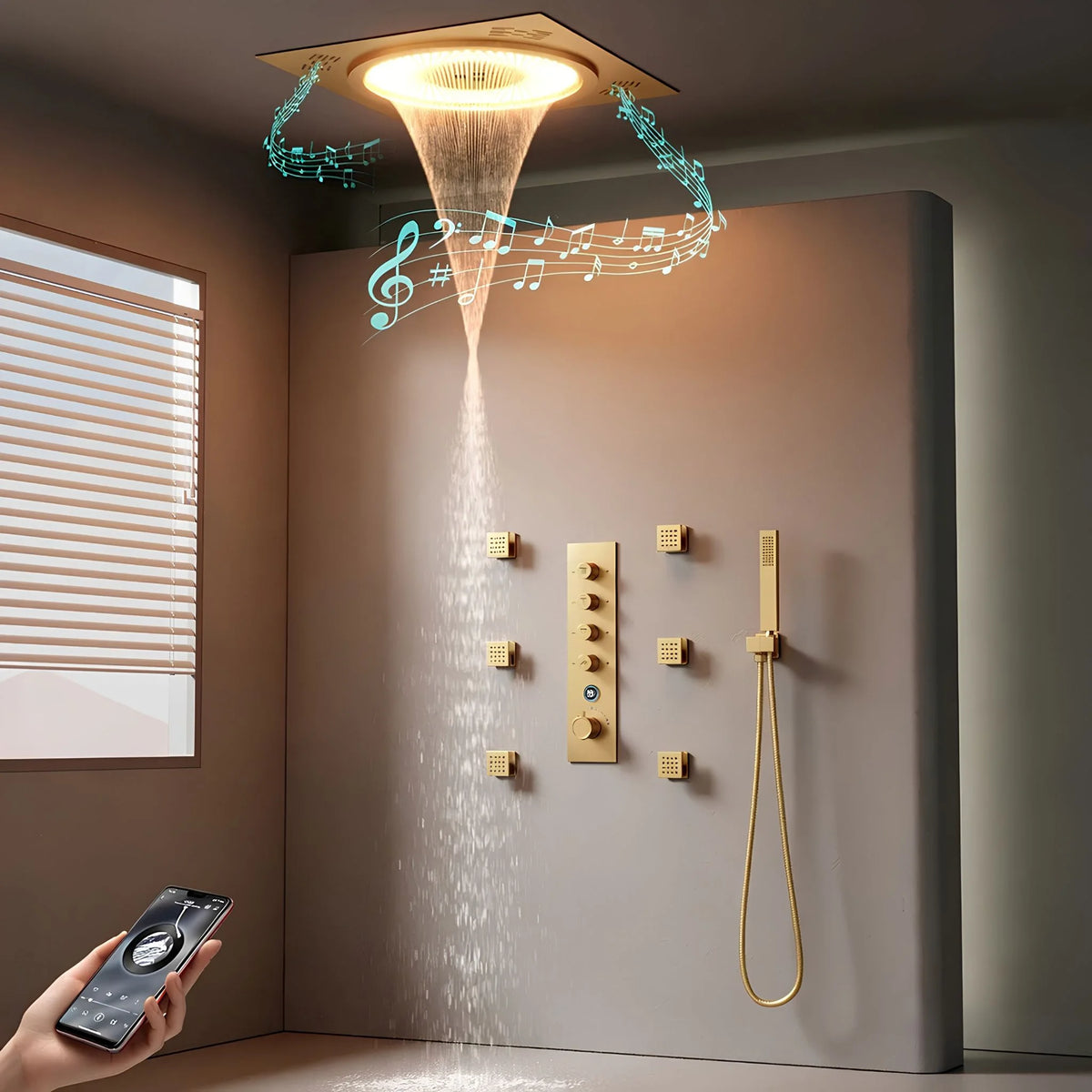 Ducha de Teto Embutir Inox 50x50 LED Bluetooth Sinfonia
