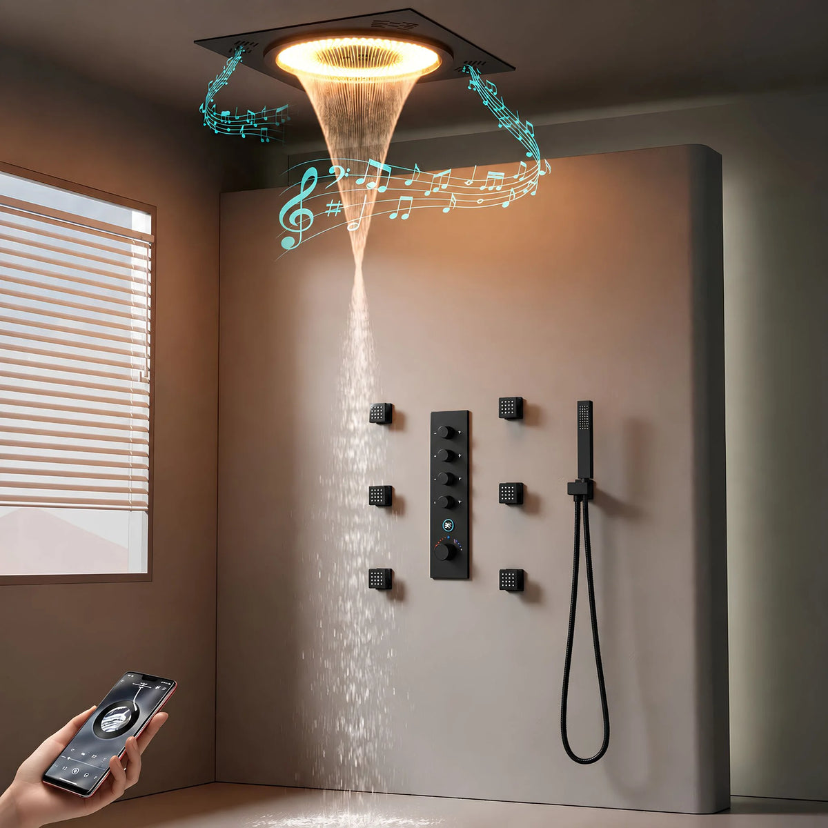 Ducha de Teto Embutir Inox 50x50 LED Bluetooth Sinfonia
