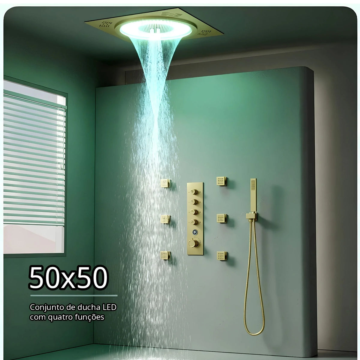Ducha de Teto Embutir Inox 50x50 LED Bluetooth Sinfonia
