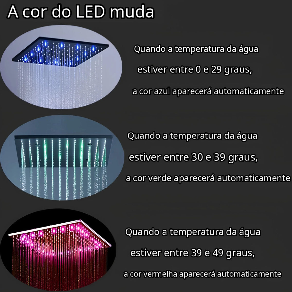 Ducha de Teto Embutir Inox 50x50 LED Termostática Nero
