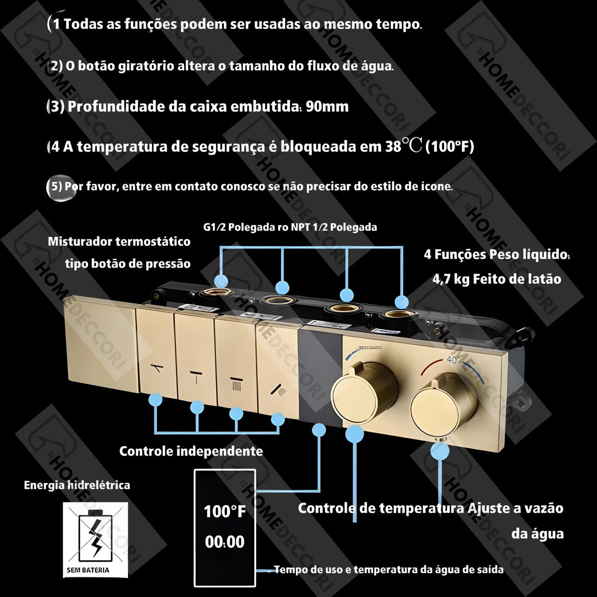 Ducha de Teto Embutir Inox 58x38 LED Bluetooth Atlas Spa - Homedeccori