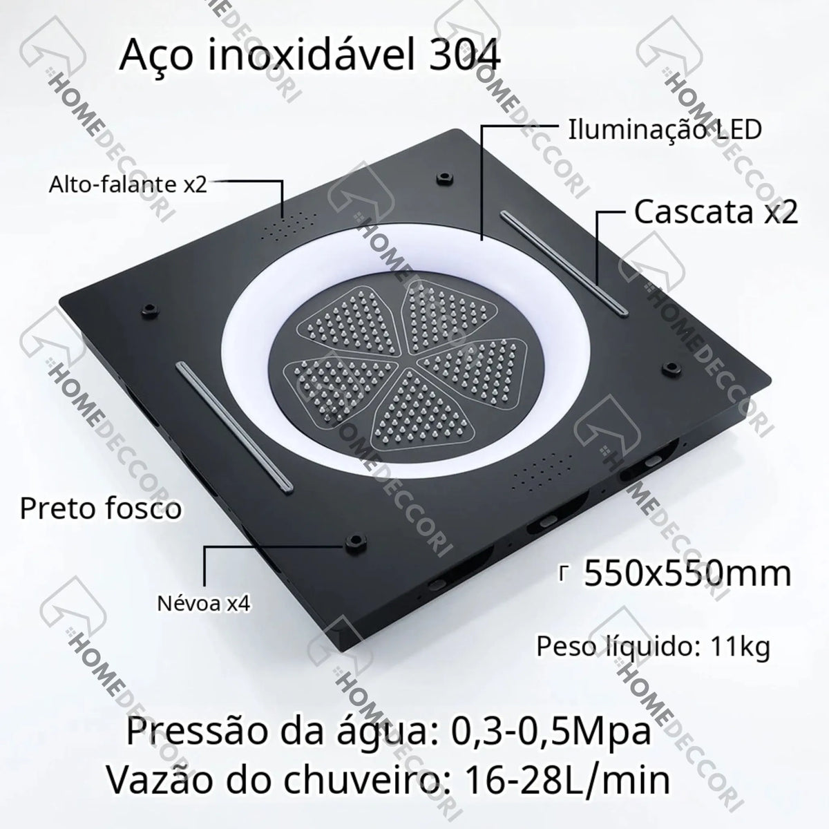 Ducha De Teto Embutir Inox 55x55 LED Bluetooth Spa Cremona - Homedeccori