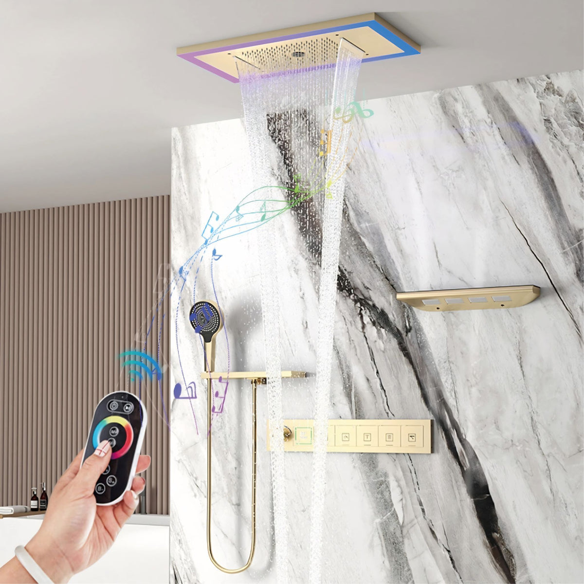 Ducha de Teto Spa Embutir Inox Som Cascata Lumina