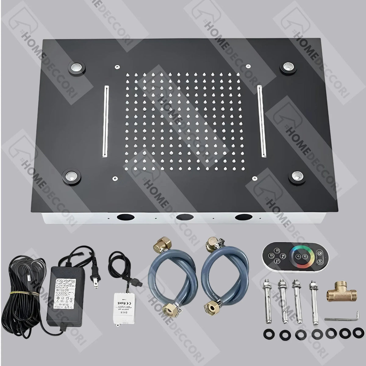 Kit de instalação do chuveiro de teto embutir Homedeccori com LED e acessórios.