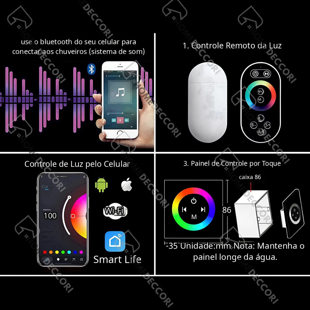 Ducha De Teto Embutir Inox 55x55 LED Bluetooth Spa Siena - Homedeccori