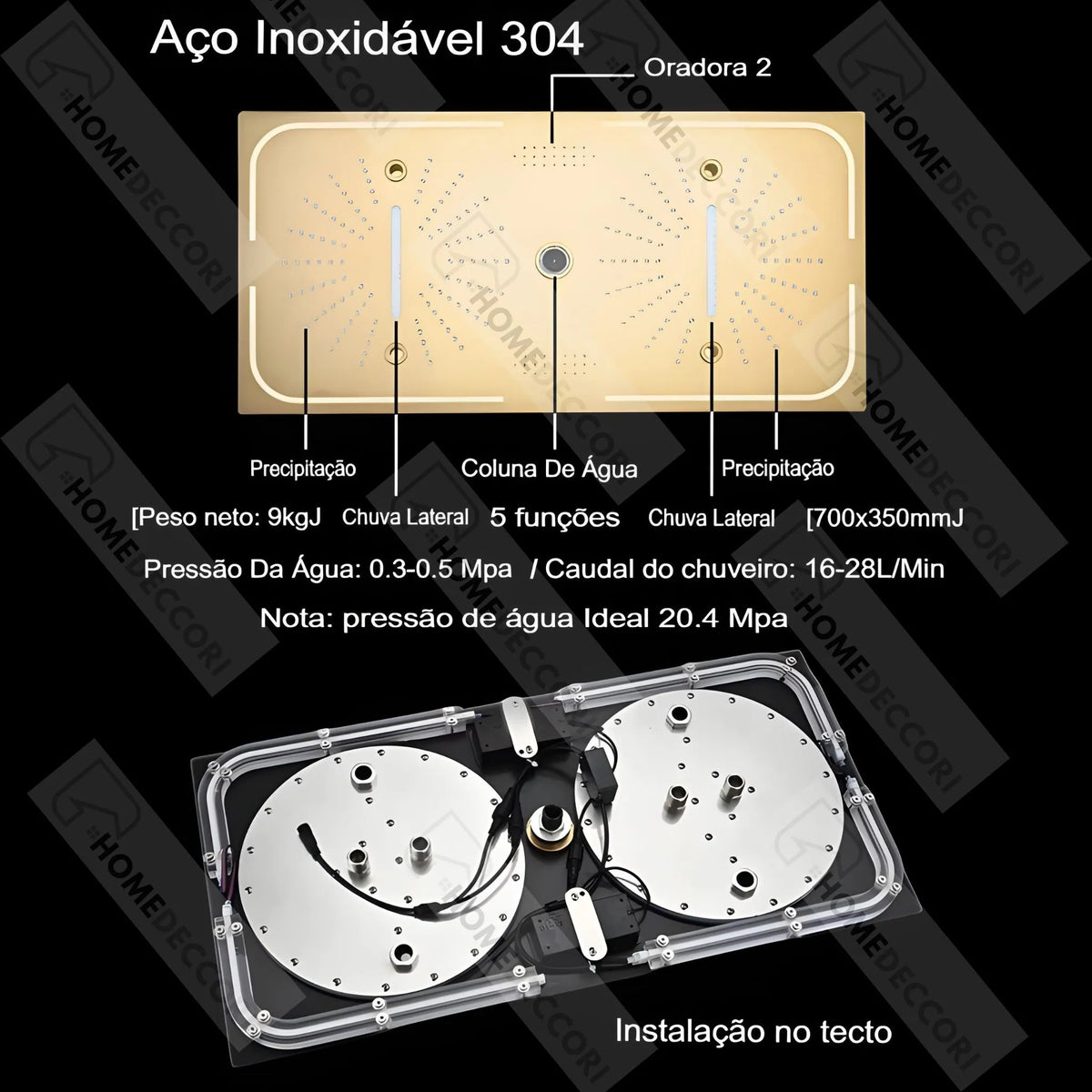 Ducha De Teto Embutir Inox 70x35 LED Bluetooth Spa Sonata - Homedeccori