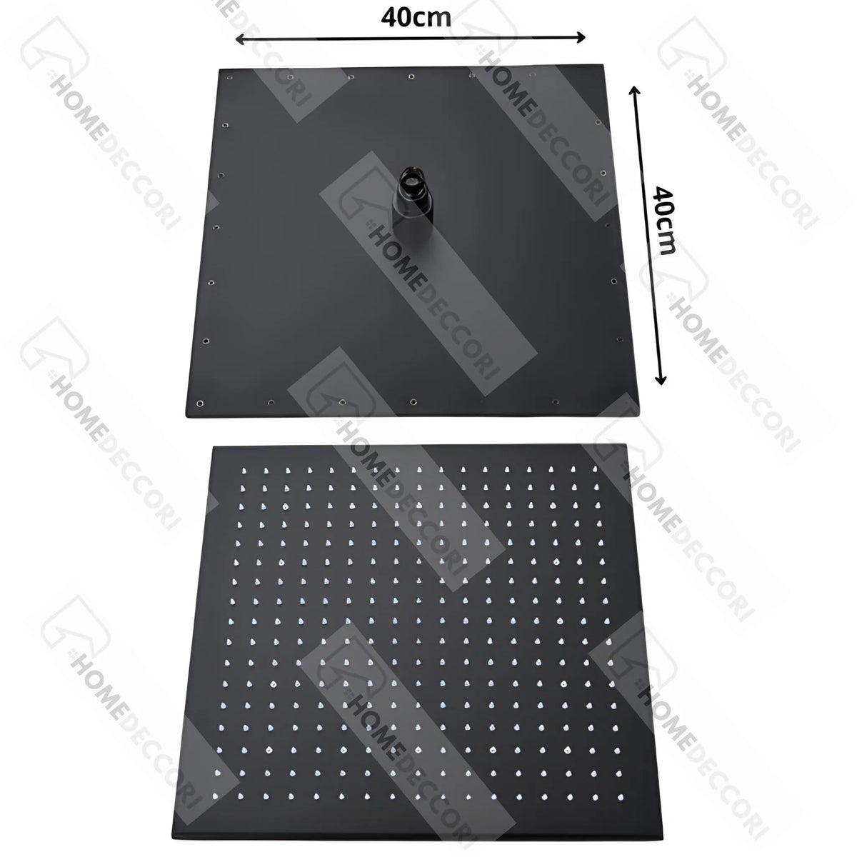 Chuveiro de teto preto fosco Slim 40cm SpaCielo da Homedeccori, vista frontal e inferior.