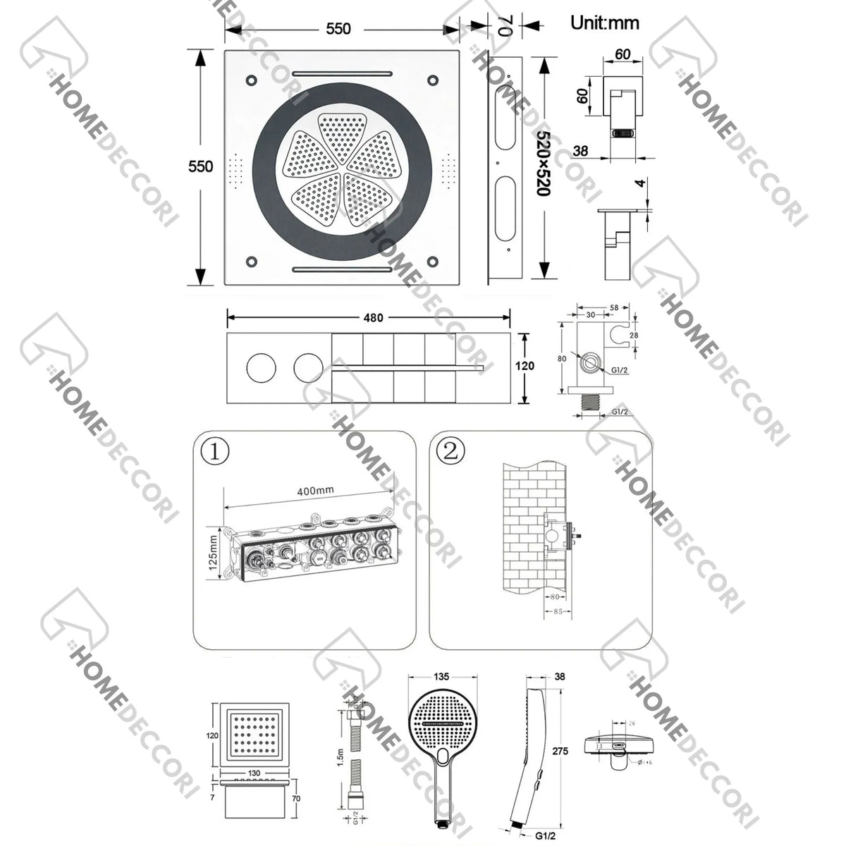 Ducha De Teto Embutir Inox 55x55 LED Bluetooth Spa Cremona - Homedeccori