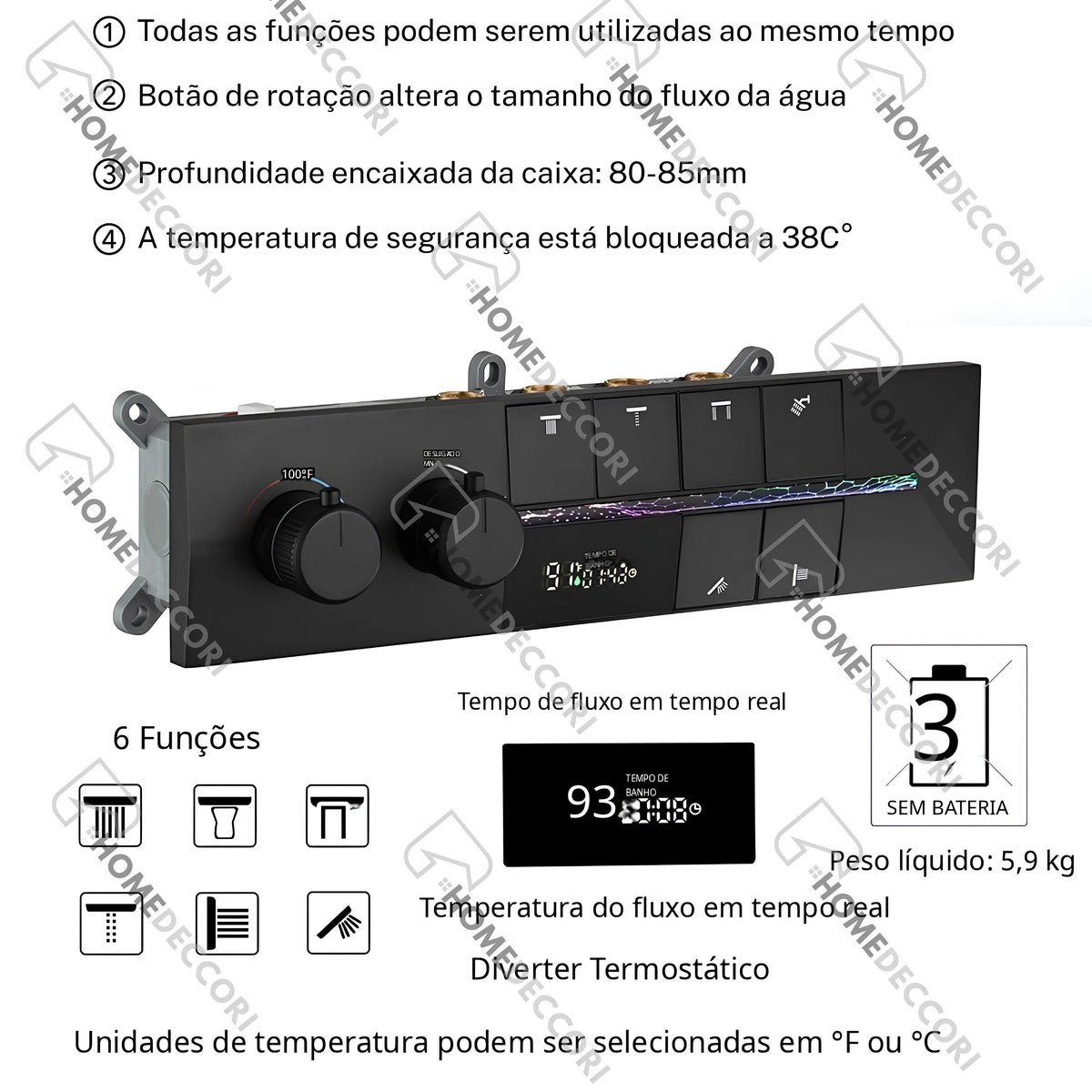 Ducha De Teto Embutir Inox 90x30 LED Bluetooth Spa Torrente - Homedeccori