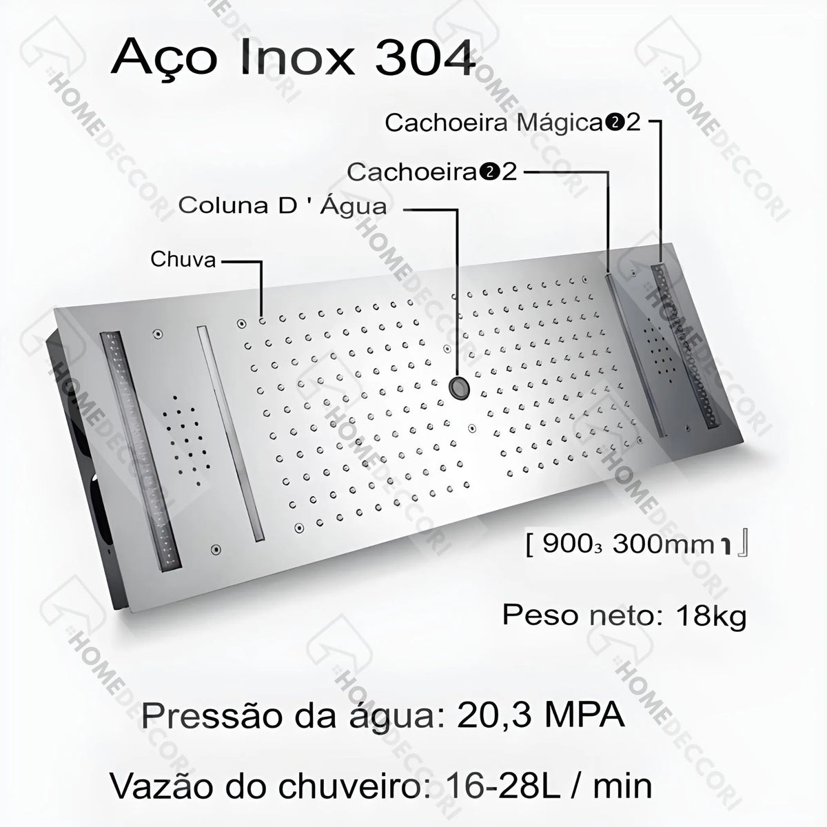 Ducha de Teto Embutir Spa Inox 90x30cm LED Bluetooth Stellar