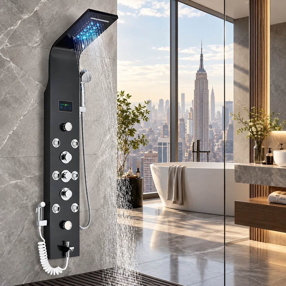 Ducha Vertical Com Hidro Cascata Led Display Digital Inox Slim JetFlow