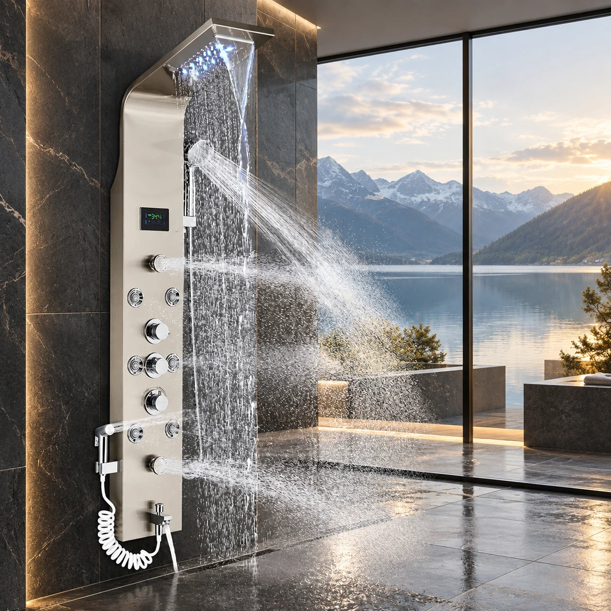 Ducha Vertical Com Hidro Cascata Led Display Digital Inox Slim JetFlow - foto 3 - Homedeccori