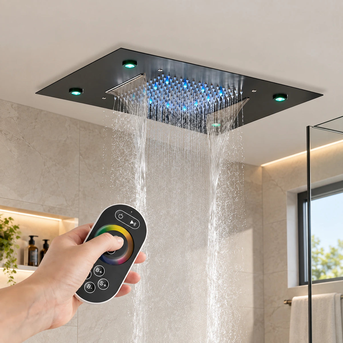 Chuveiro De Teto Embutir Cascata Inox LED Spa AquaLuminos