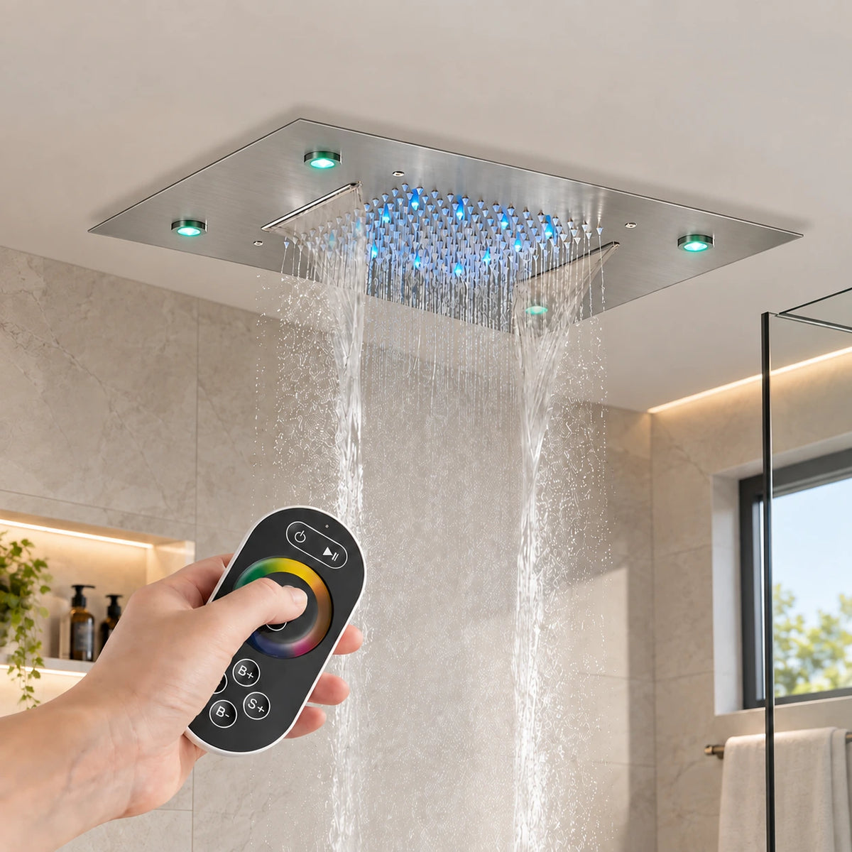 Chuveiro De Teto Embutir Cascata Inox LED Spa AquaLuminos - Homedeccori