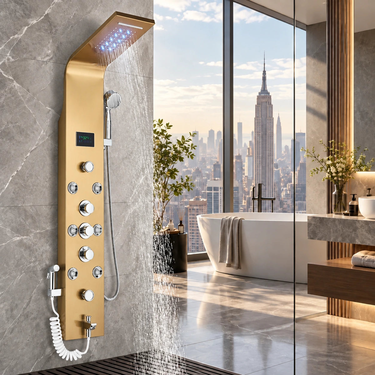 Ducha Vertical Com Hidro Cascata Led Display Digital Inox Slim JetFlow