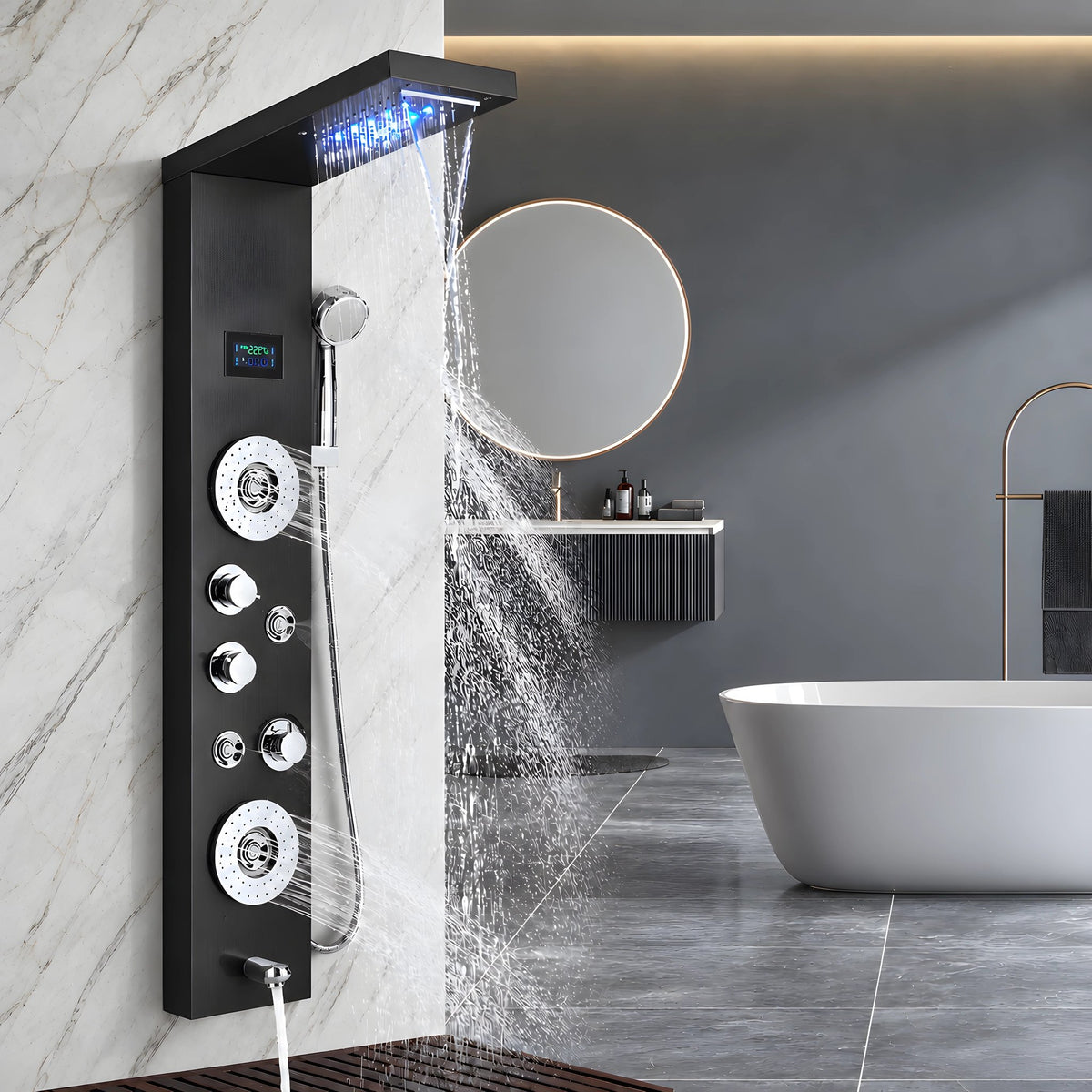Ducha vertical Palazzi preto escovado com hidro cascata, LED e visor digital em banheiro moderno - Homedeccori