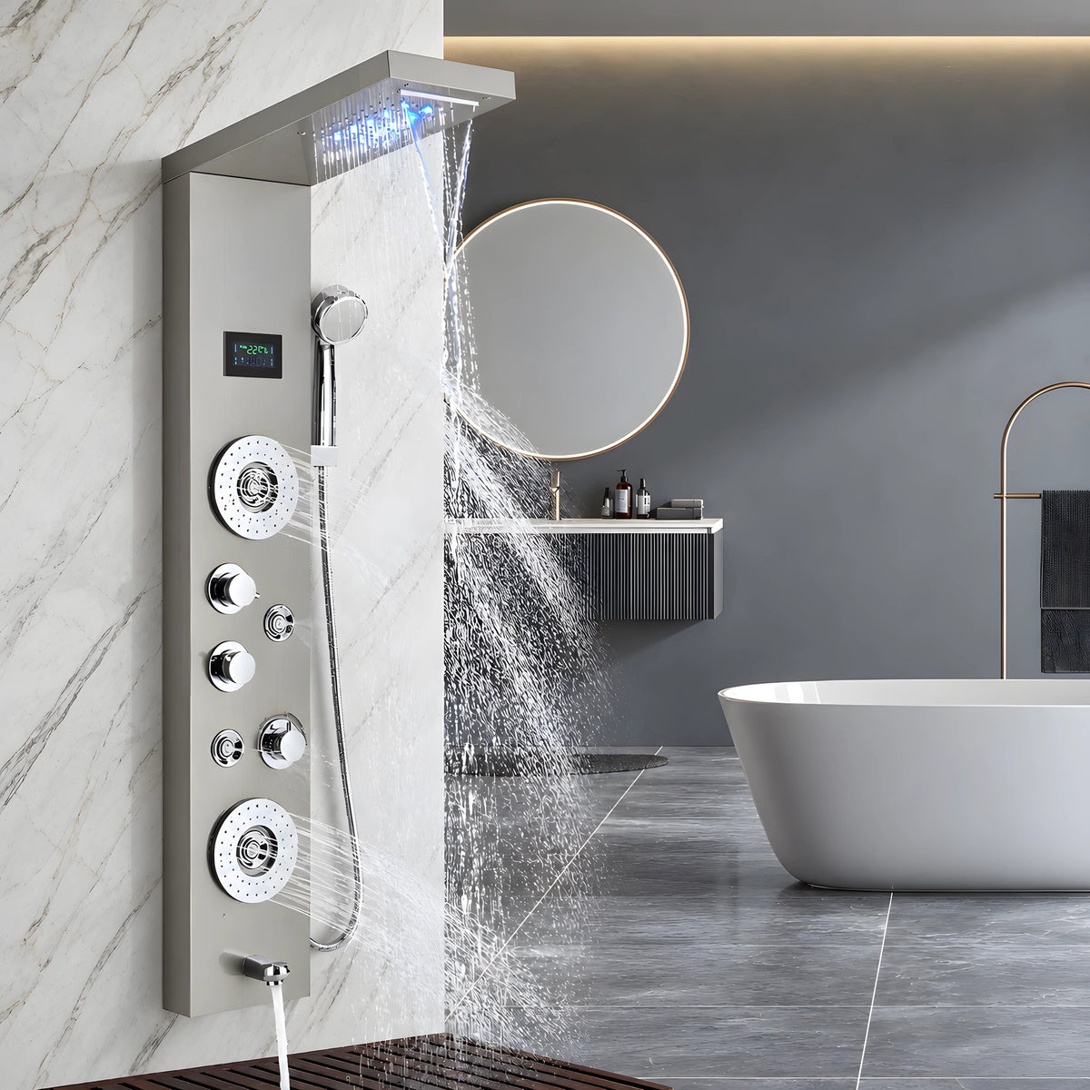 Ducha vertical Palazzi níquel escovado com hidro cascata, LED e visor digital em banheiro moderno - Homedeccori